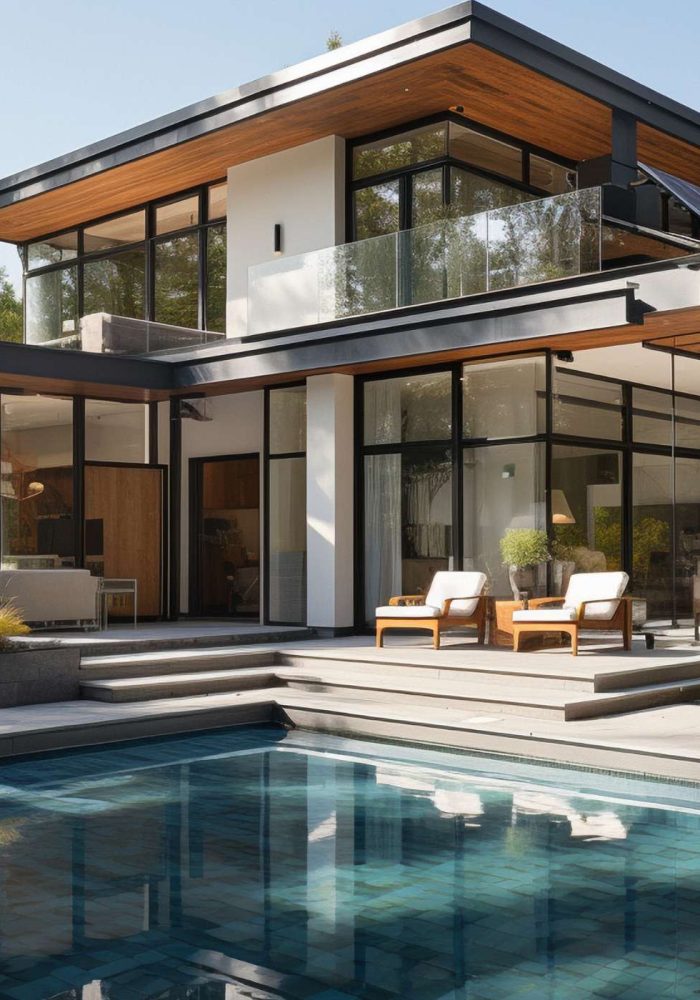 Modernes Einfamilienhaus mit Pool und großzügiger Glasfassade, realisiert von Pradabau als Bauträger im Raum Ammersee, mit Fokus auf hochwertige Architektur und stilvolles Wohnen.