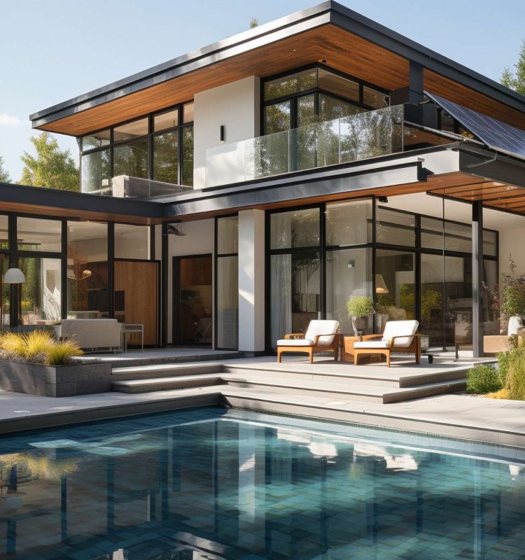 Modernes Einfamilienhaus mit Pool und großzügiger Glasfassade, realisiert von Pradabau als Bauträger im Raum Ammersee, mit Fokus auf hochwertige Architektur und stilvolles Wohnen.