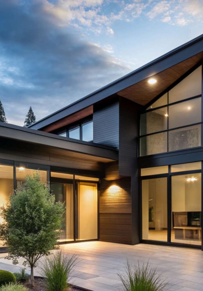 Modernes Einfamilienhaus mit klarer Architektur und großzügigen Glasflächen in Abendstimmung, realisiert von Pradabau als Bauunternehmen im Raum Landsberg am Lech mit Fokus auf hochwertige Bauweise.